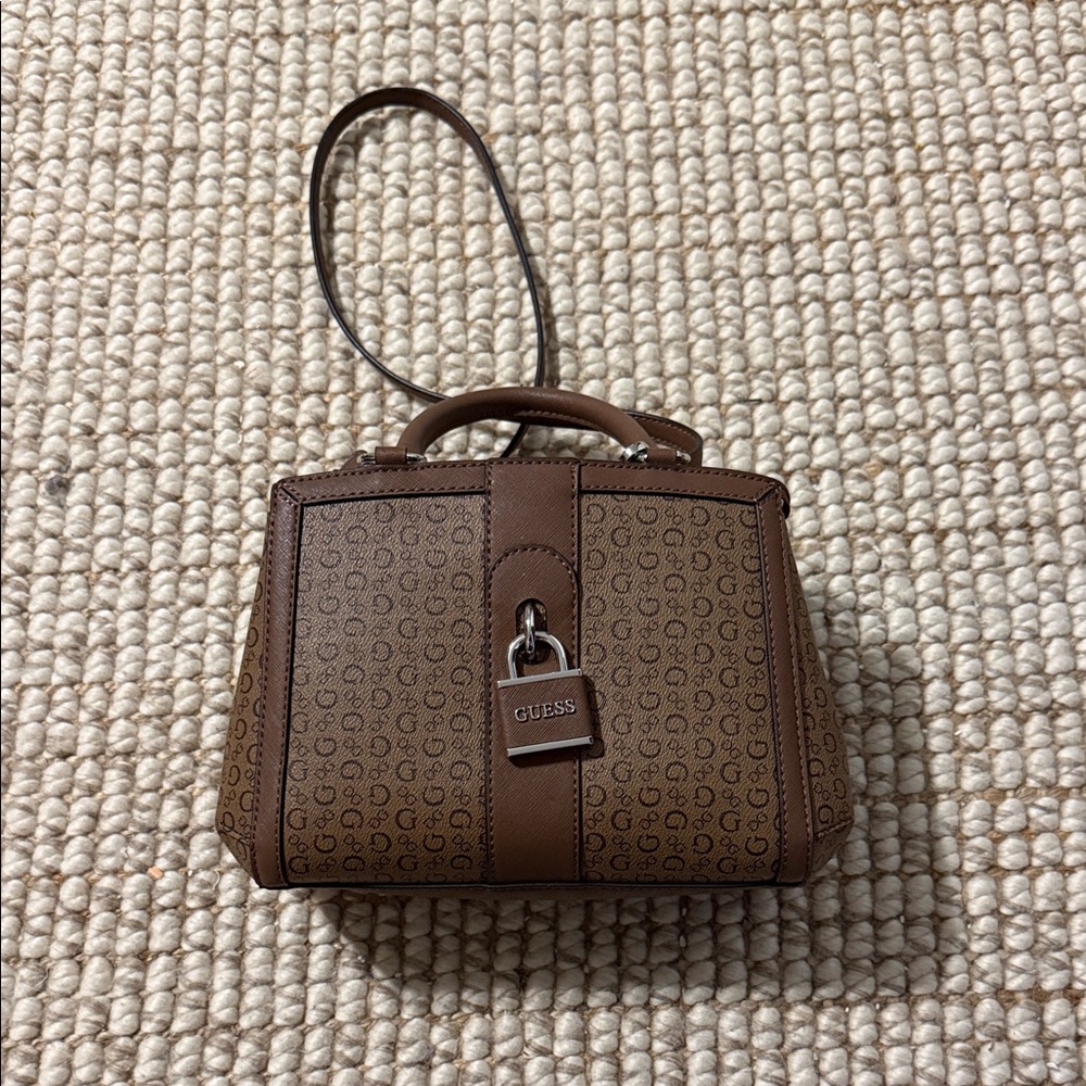 Guess Tan and Brown Monogram Mini Bag